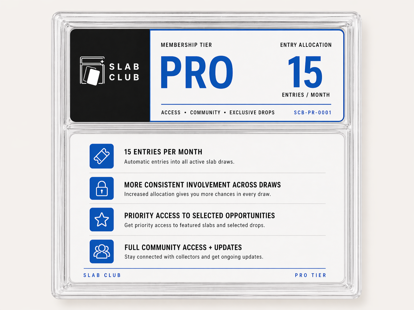 Slab Club Pro membership tier card with details on a white background