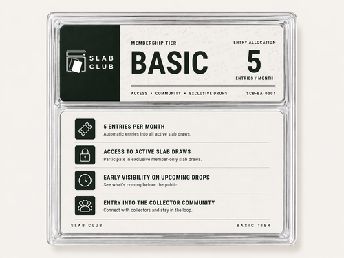 Slab Club membership tier card for Basic level with details on entry allocation and benefits.